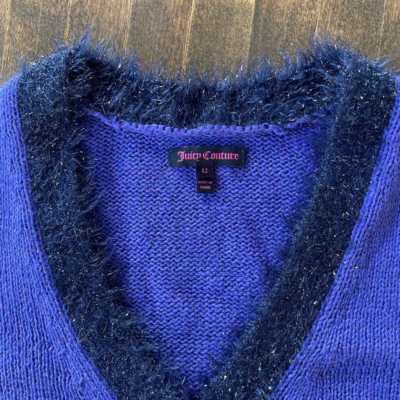 Authentic Juicy Couture Purple Cardigan Sweater- Blk Sparkle, Fluffy Trim Sz 12 - Picture 5 of 15